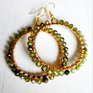 Hand-made Olive Green Semi-precious Zircon Hoop Earrings - Wire-wrapped